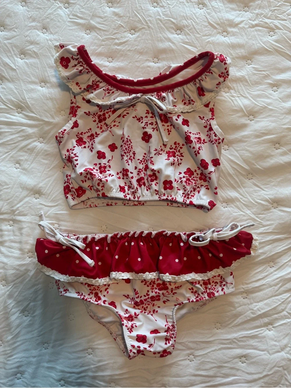 SweetHoney Girls size 8Y Red and White Floral Ruffle Kids Bikini
